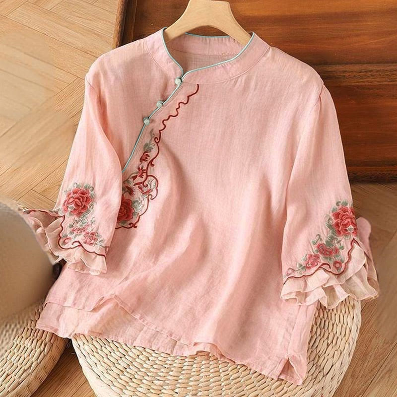 Camicia da donna con maniche a tre quarti, casual e ampia, con ricamo di peonie e bottoni a rana, motivo Buddha Stones - Rosa - US12, UK/AU16, EU44 (4XL) - image 1