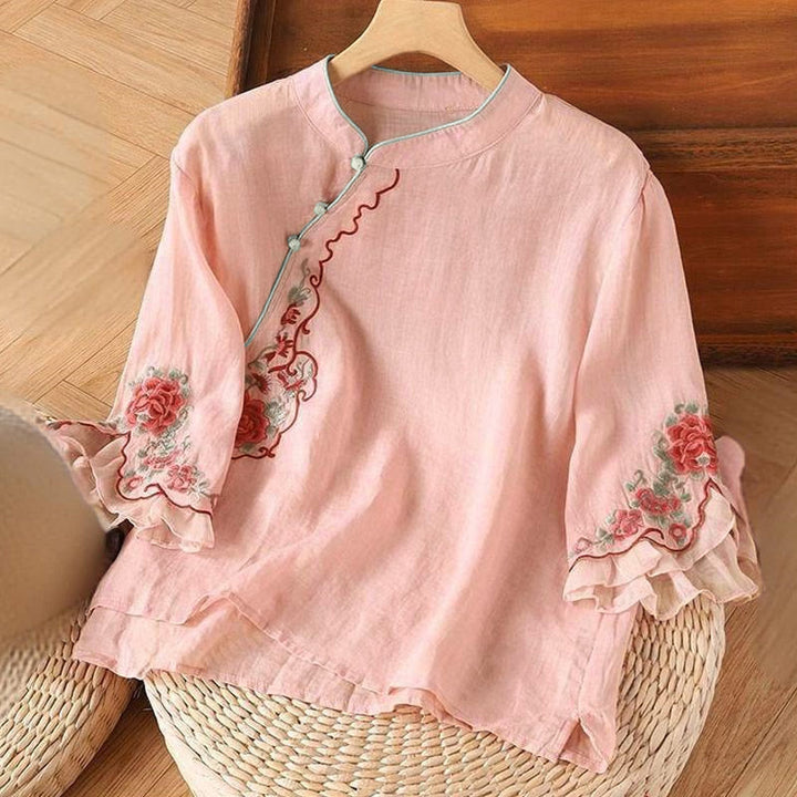 Camicia da donna con maniche a tre quarti, casual e ampia, con ricamo di peonie e bottoni a rana, motivo Buddha Stones - Rosa - US12, UK/AU16, EU44 (4XL) - image 1
