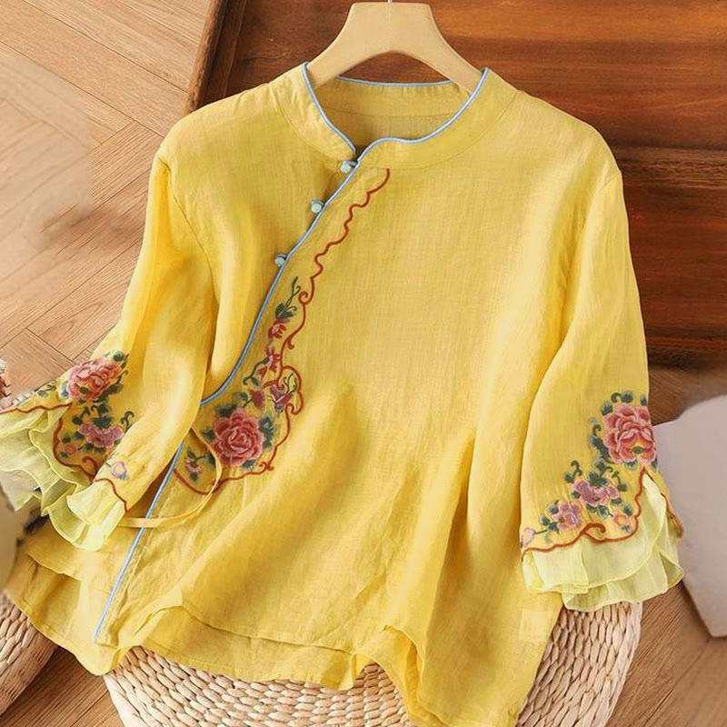 Camicia da donna con maniche a tre quarti, casual e ampia, con ricamo di peonie e bottoni a rana, motivo Buddha Stones - Oro - US12, UK/AU16, EU44 (4XL) - image 0