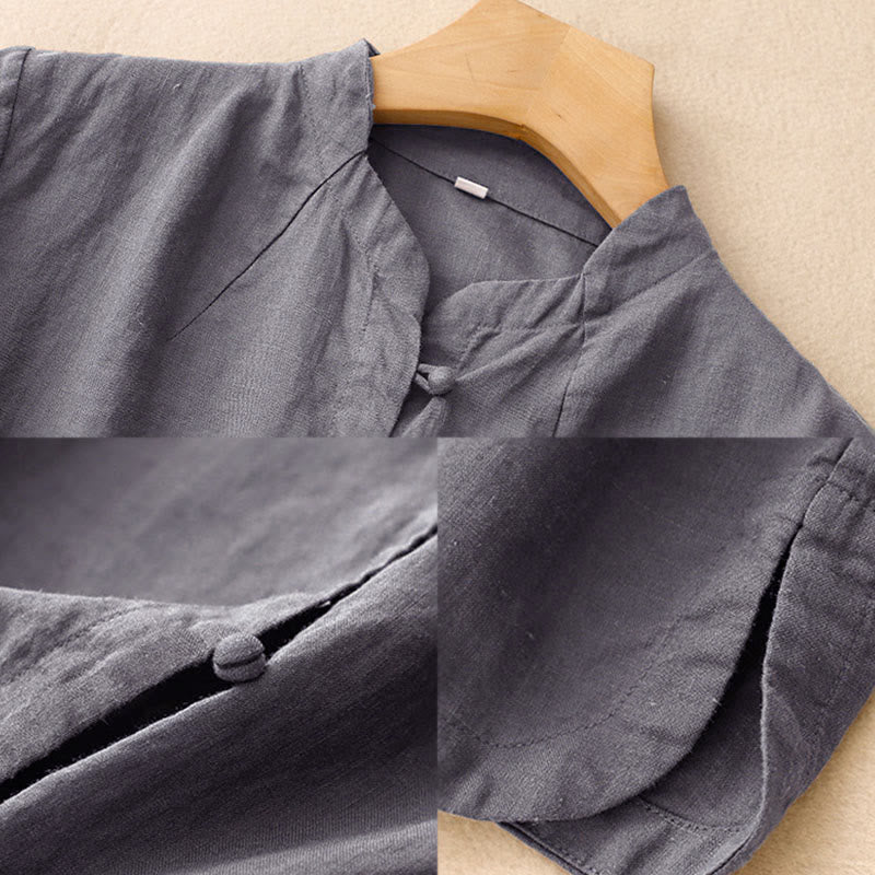 Camicia da donna estiva Buddha Stones a maniche corte con colletto alla coreana, spacchi laterali e chiusura con bottoni a rana. - image 16