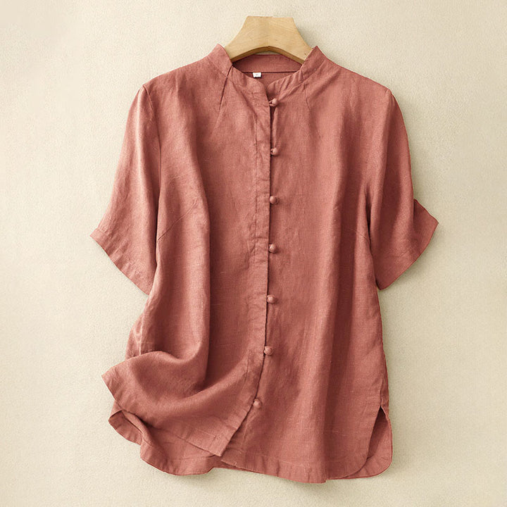 Camicia da donna estiva Buddha Stones a maniche corte con colletto alla coreana, spacchi laterali e chiusura con bottoni a rana. - Salmone scuro - US8-10, UK/AU12-14, EU40-42 (2XL) - image 7