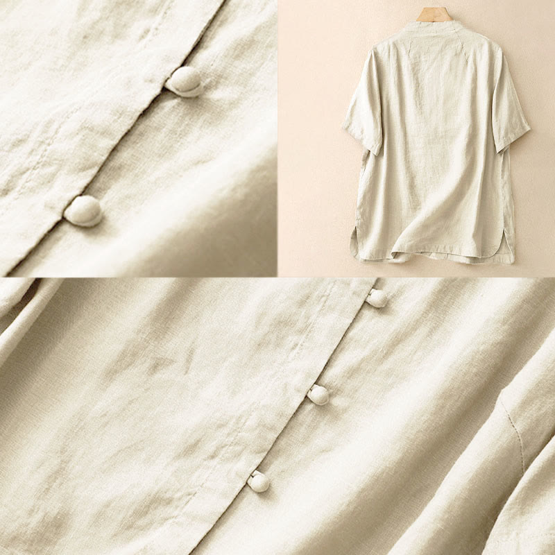 Camicia da donna estiva Buddha Stones a maniche corte con colletto alla coreana, spacchi laterali e chiusura con bottoni a rana. - image 4