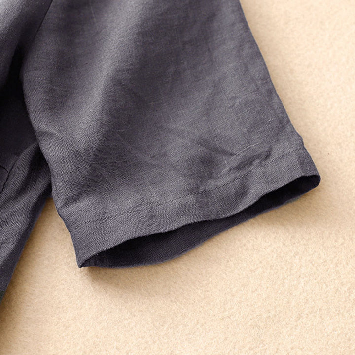 Camicia da donna estiva Buddha Stones a maniche corte con colletto alla coreana, spacchi laterali e chiusura con bottoni a rana. - image 14