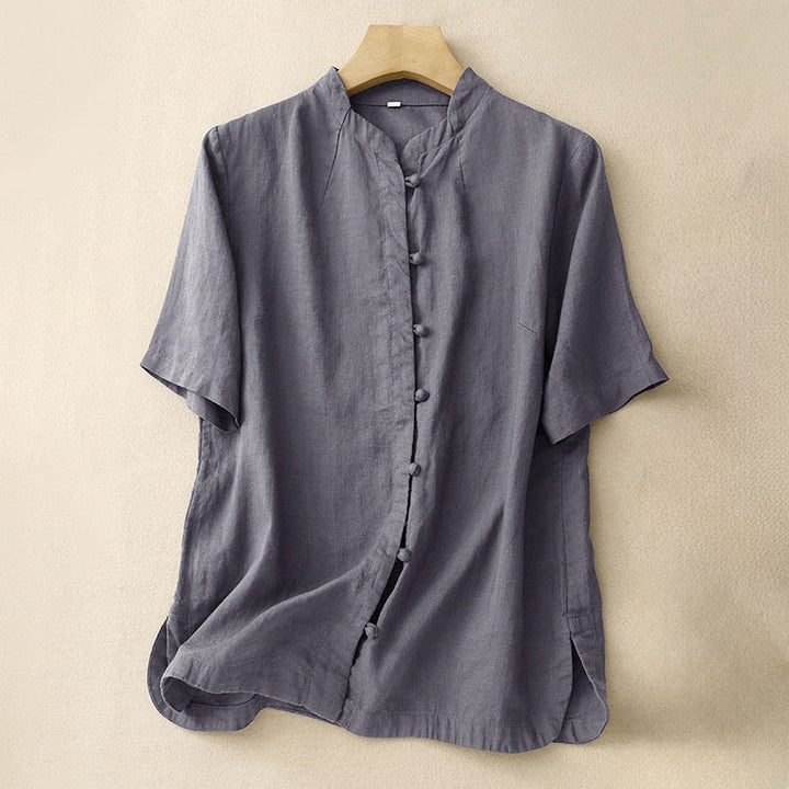 Camicia da donna estiva Buddha Stones a maniche corte con colletto alla coreana, spacchi laterali e chiusura con bottoni a rana. - Grigio ardesia - US8-10, UK/AU12-14, EU40-42 (2XL) - image 13