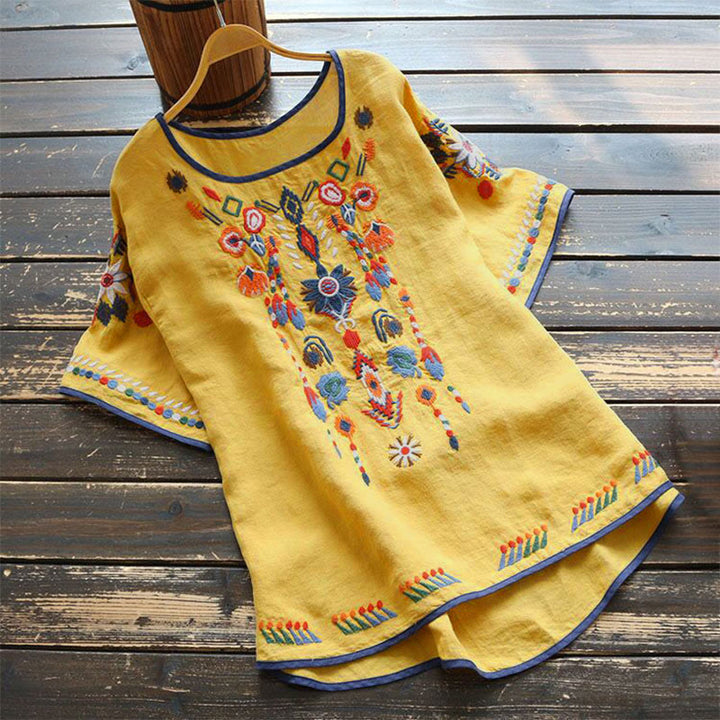 Maglietta da donna in cotone e lino a maniche corte con scollo a giro e ricamo artistico retrò con motivo floreale Buddha Stones - Giallo - US14, UK/AU18, EU46 (4XL) - image 14