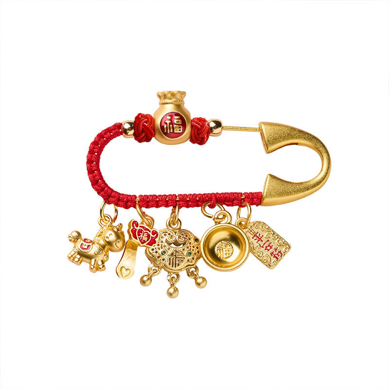Spilla portafortuna in ottone con manico Ruyi e ciondolo con Buddha Stones dell'anno del cavallo, carattere Fu, attrae fortuna - image 4