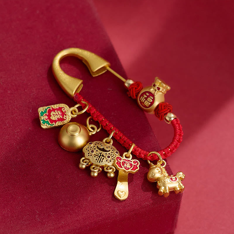 Spilla portafortuna in ottone con manico Ruyi e ciondolo con Buddha Stones dell'anno del cavallo, carattere Fu, attrae fortuna - image 1