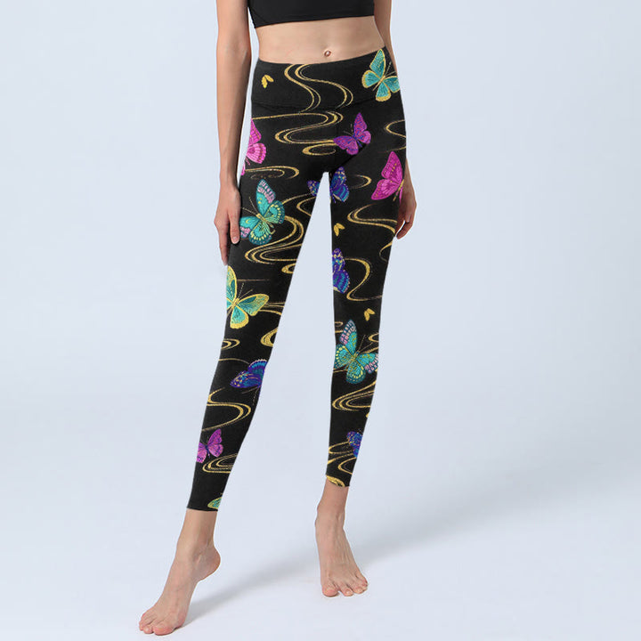 Buddha Stones Splendidi leggings da palestra con stampa a farfalla ad alto contrasto, pantaloni da yoga da donna - image 5