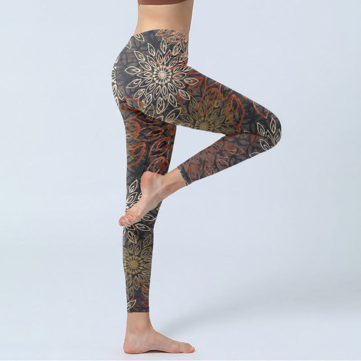 Buddha Stones Leggings da palestra con stampa simmetrica a fiori retrò, pantaloni da yoga da donna - image 3