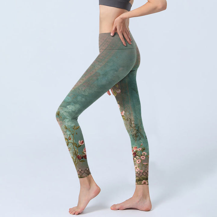 Buddha Stones Leggings da palestra con stampa simmetrica retrò di fiori, foglie e recinzione, pantaloni da yoga da donna - image 2