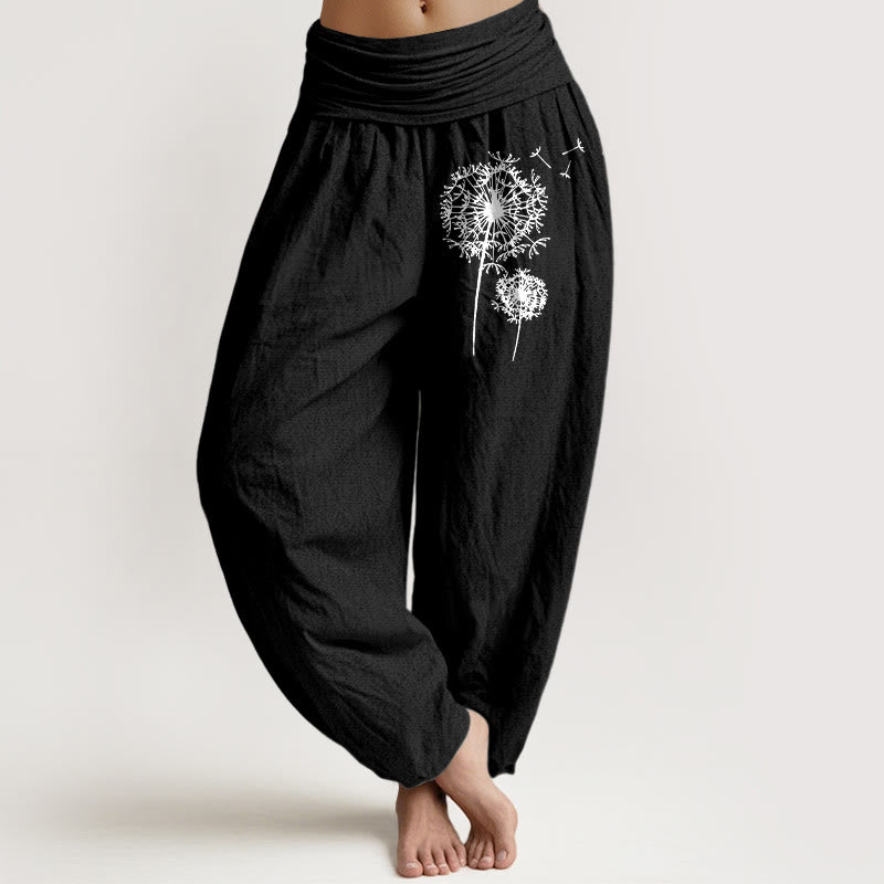 Buddha Stones Pantaloni harem da donna in puro cotone con elastico in vita e motivo a tarassaco, stile minimalista - Nero - US16, UK/AU20, EU48 (3XL) - image 5