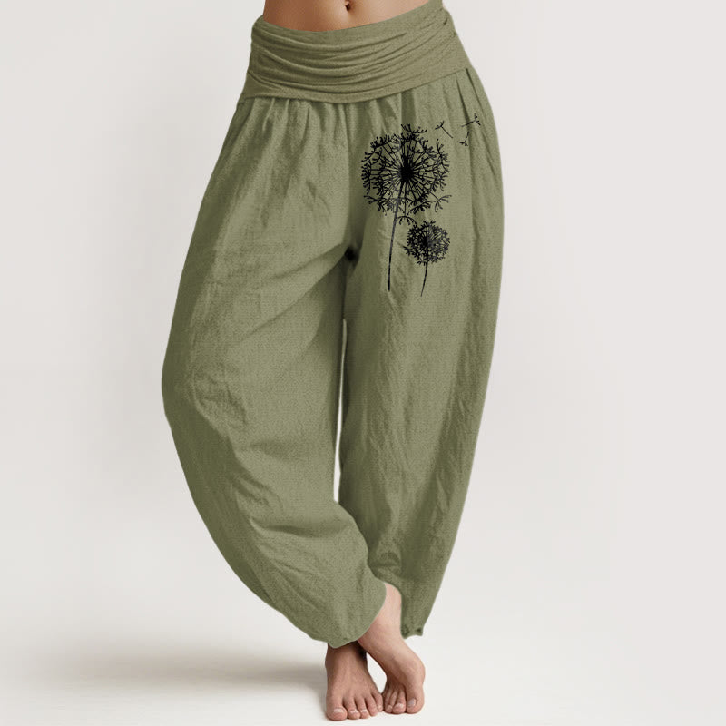 Buddha Stones Pantaloni harem da donna in puro cotone con elastico in vita e motivo a tarassaco, stile minimalista - Verde oliva - US16, UK/AU20, EU48 (3XL) - image 14