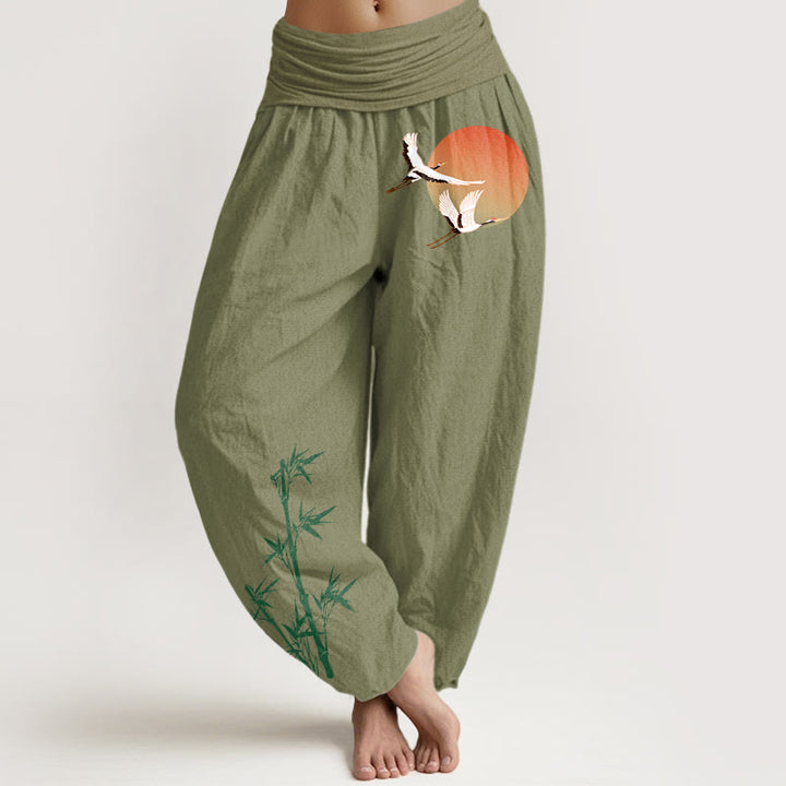 Buddha Stones Pantaloni harem da donna in puro cotone con elastico in vita e motivo a gru e bambù - Verde oliva - US16, UK/AU20, EU48 (3XL) - image 14