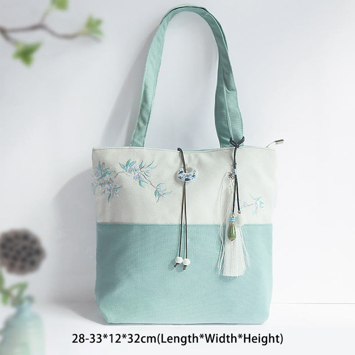 Borsa a tracolla grande capacità in tela con ricamo in bambù, prugna, fiore di pera, pesco - image 1