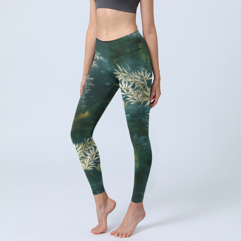 Buddha Stones Eleganti leggings da palestra con stampa a motivo di foglie di bambù, pantaloni da yoga da donna - Verde scuro - US18, UK/AU22, EU50 (4XL) - image 0