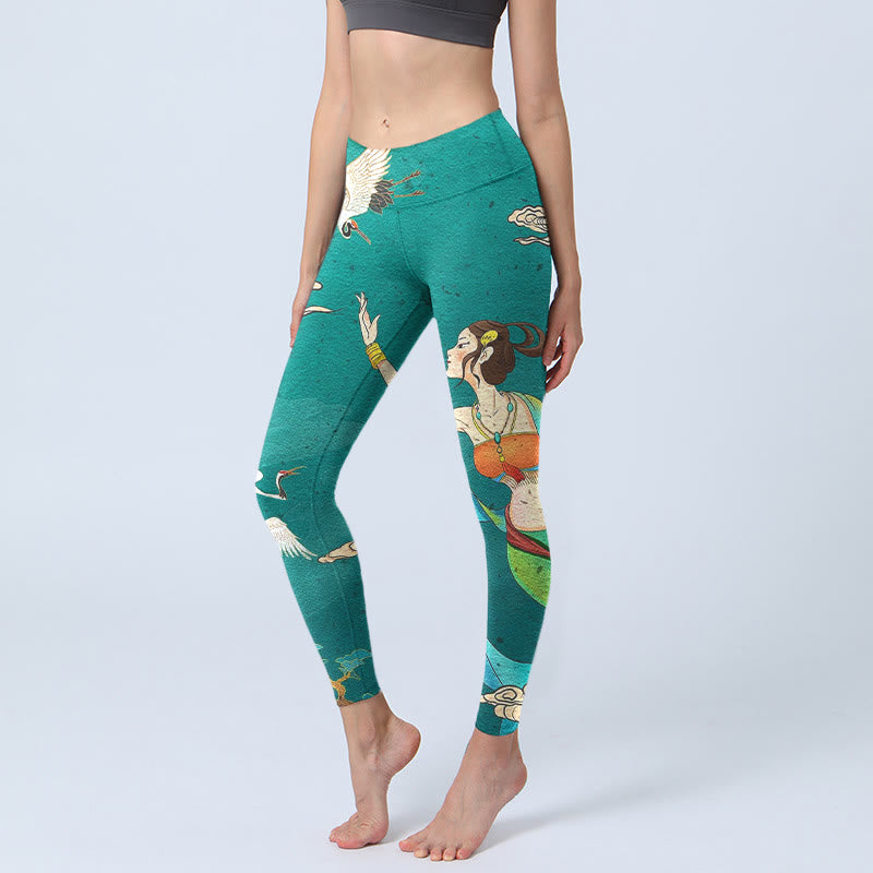 Buddha Stones Eleganti leggings da palestra con stampa di fata, gru, nuvola e pino, pantaloni da yoga da donna - Verde Mare Chiaro - US18, UK/AU22, EU50 (4XL) - image 0