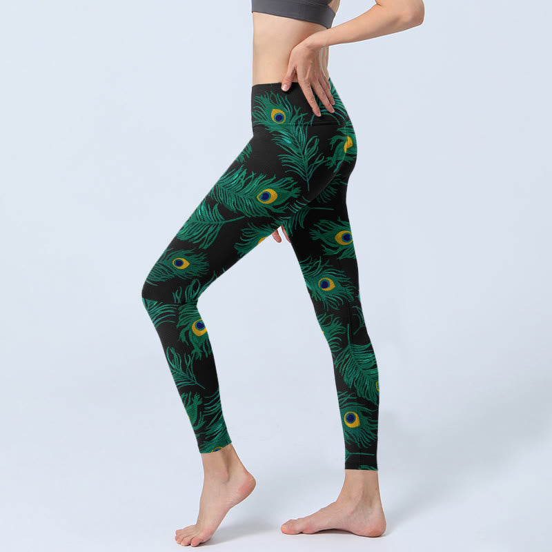 Buddha Stones Leggings da palestra con stampa di piume di pavone retrò, pantaloni da yoga da donna - image 2