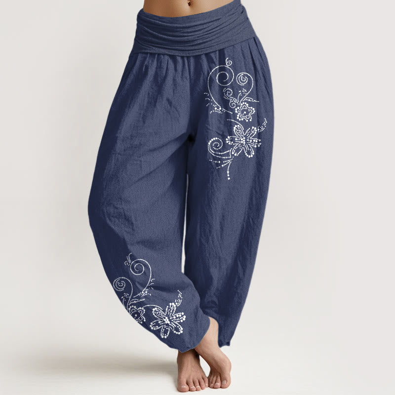 Buddha Stones Pantaloni harem da donna con elastico in vita, in puro cotone, con motivo a pois e fiori di vite - Blu ardesia scuro - US16, UK/AU20, EU48 (3XL) - image 0