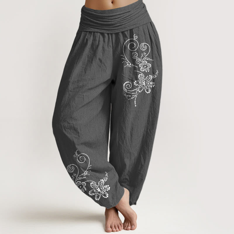 Buddha Stones Pantaloni harem da donna con elastico in vita, in puro cotone, con motivo a pois e fiori di vite - Grigio tenue - US16, UK/AU20, EU48 (3XL) - image 8