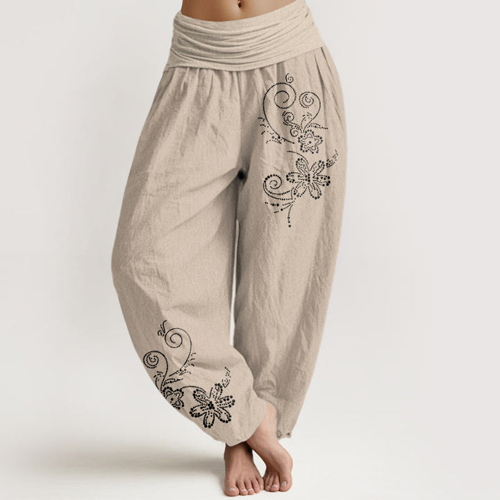 Buddha Stones Pantaloni harem da donna con elastico in vita, in puro cotone, con motivo a pois e fiori di vite - Tan - US16, UK/AU20, EU48 (3XL) - image 11