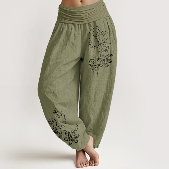 Buddha Stones Pantaloni harem da donna con elastico in vita, in puro cotone, con motivo a pois e fiori di vite - Verde oliva - US16, UK/AU20, EU48 (3XL) - image 14