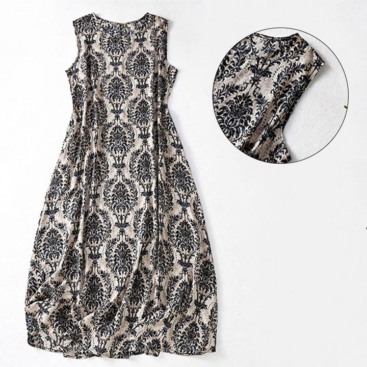 Abito midi estivo semplice con scollo rotondo e tasche, con stampa Buddha Stones e design semplice. - image 12