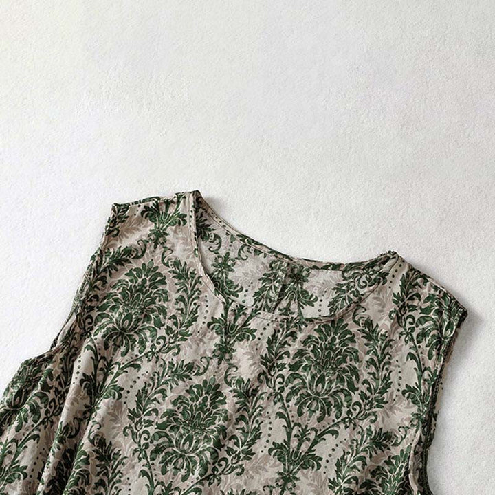 Abito midi estivo semplice con scollo rotondo e tasche, con stampa Buddha Stones e design semplice. - image 4