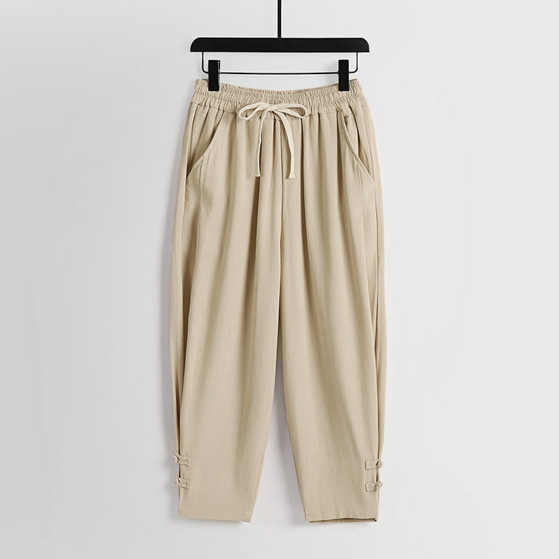 Buddha Stones Pantaloni estivi da uomo in cotone e lino con coulisse, elastico in vita, bottoni a rana, lunghezza alla caviglia, con tasche - Biscotto - US/UK/AU54, EU64 (9XL) - image 11