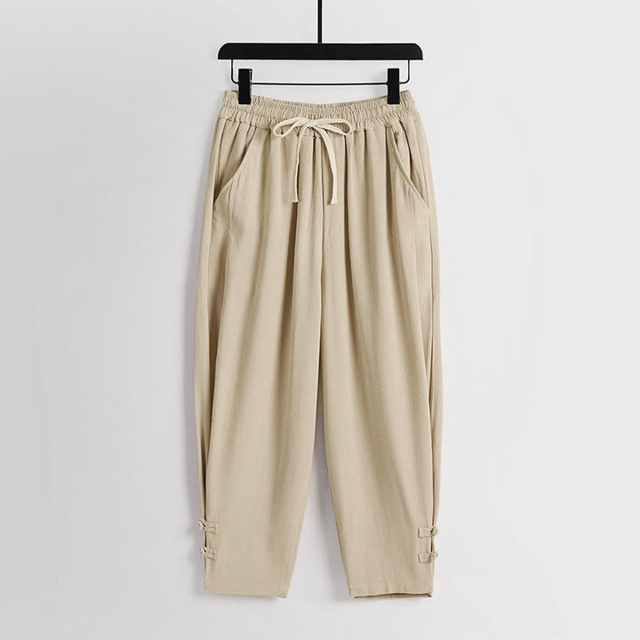 Buddha Stones Pantaloni estivi da uomo in cotone e lino con coulisse, elastico in vita, bottoni a rana, lunghezza alla caviglia, con tasche - Biscotto - US/UK/AU54, EU64 (9XL) - image 11