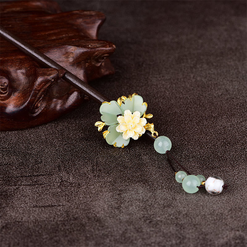 Buddha Stones Forcina per capelli in legno di vetro e fiore bianco giallo verde Liuli - image 3