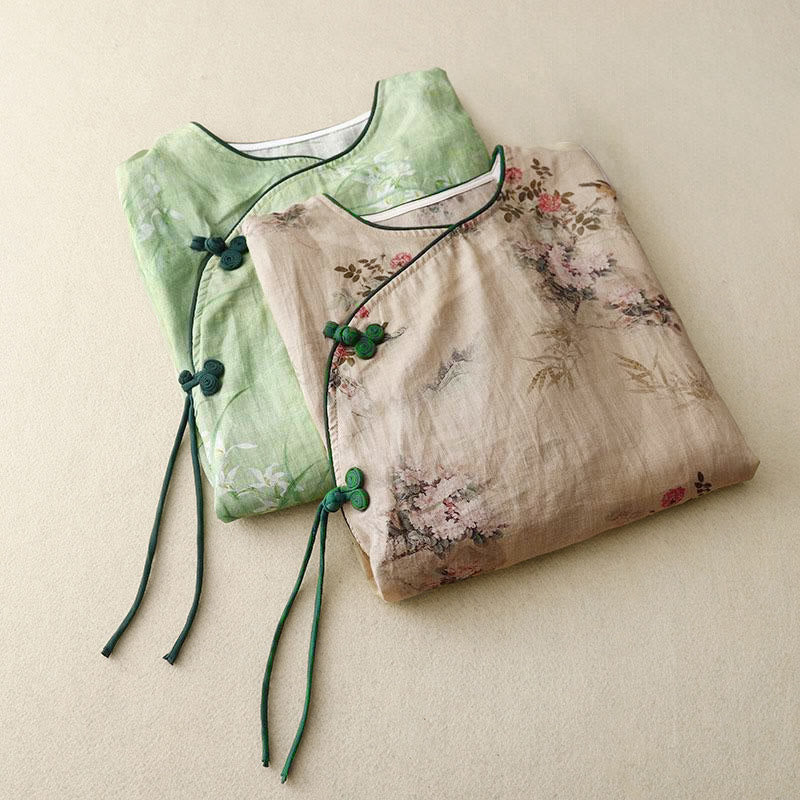 Buddha Stones Camicia da donna con maniche a tre quarti, motivo a rana con fiori rossi e orchidea bianca - image 18