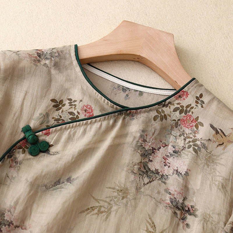 Buddha Stones Camicia da donna con maniche a tre quarti, motivo a rana con fiori rossi e orchidea bianca - image 9