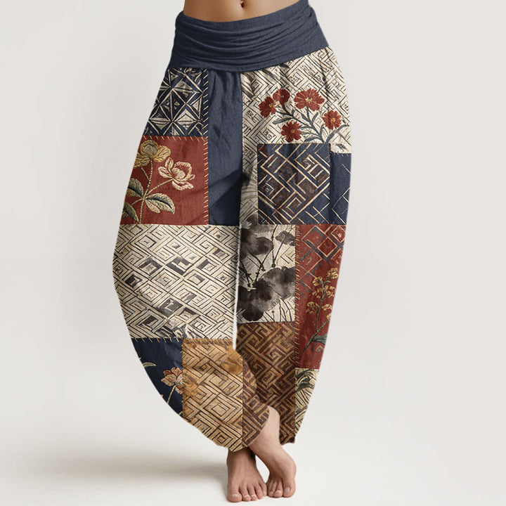 Buddha Stones Pantaloni harem da donna con elastico in vita e motivo geometrico floreale in cotone color block - Blu mezzanotte - US16, UK/AU20, EU48 (3XL) - image 0