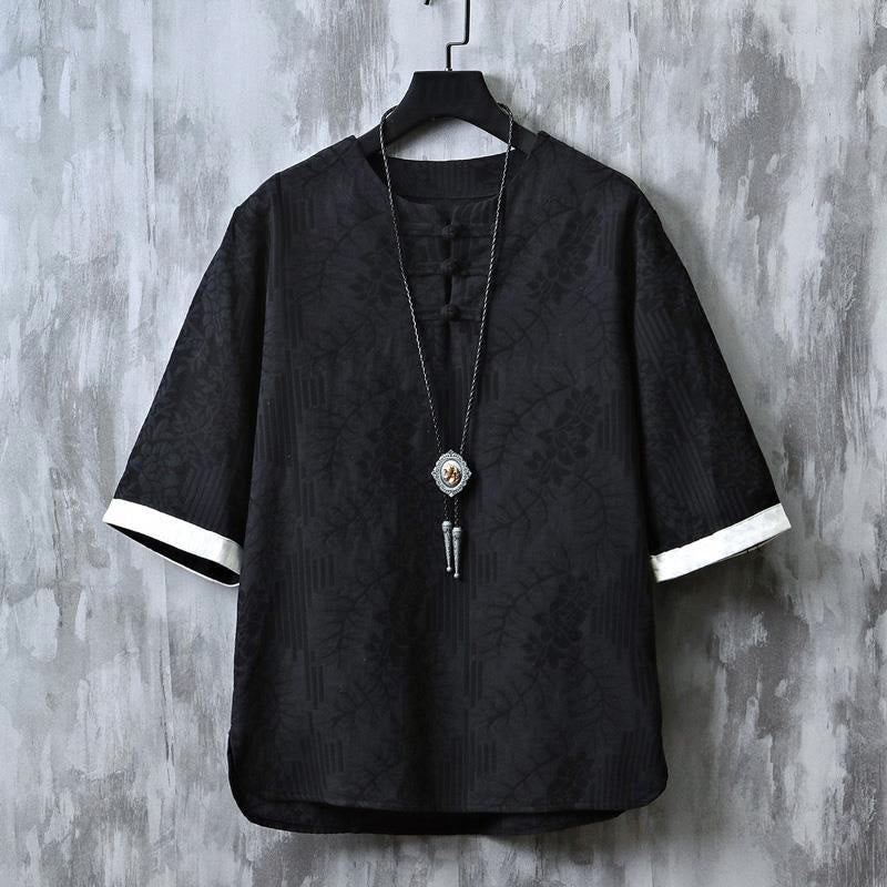 Buddha Stones Camicia da uomo in cotone a mezza manica con bottoni a rana e motivo floreale estivo - Nero - US/UK/AU48, EU58 (6XL) - image 10
