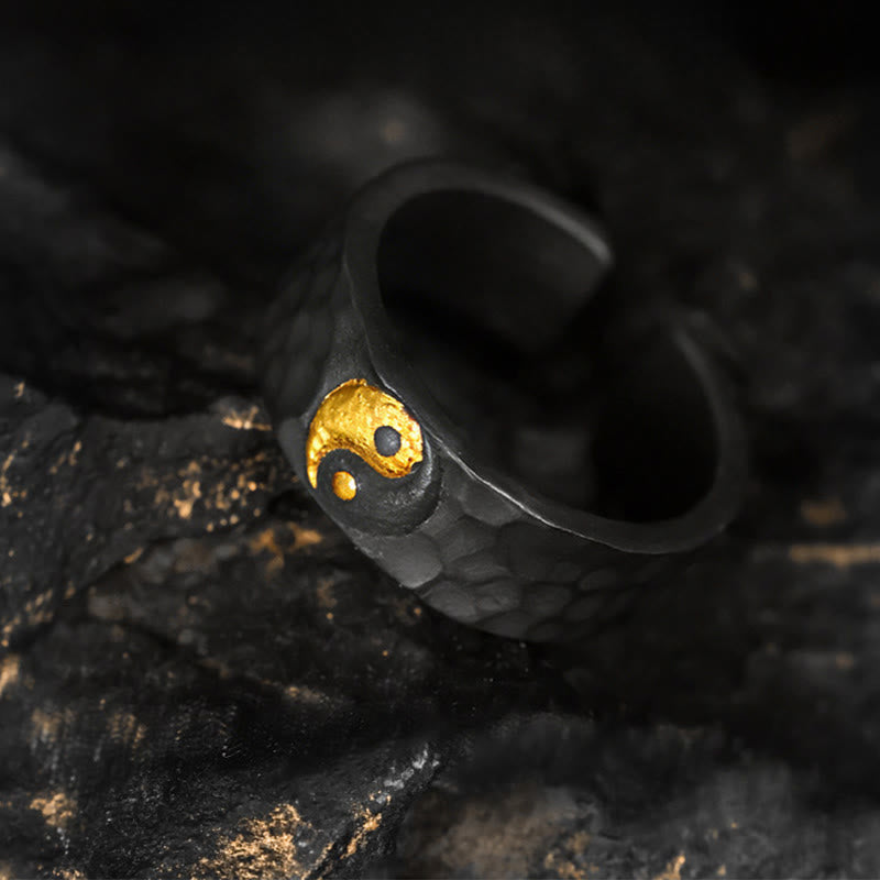 Buddha Stones Anello in argento sterling 999 e oro 999 con motivo Yin Yang e bilanciamento strutturato, fatto a mano - image 1