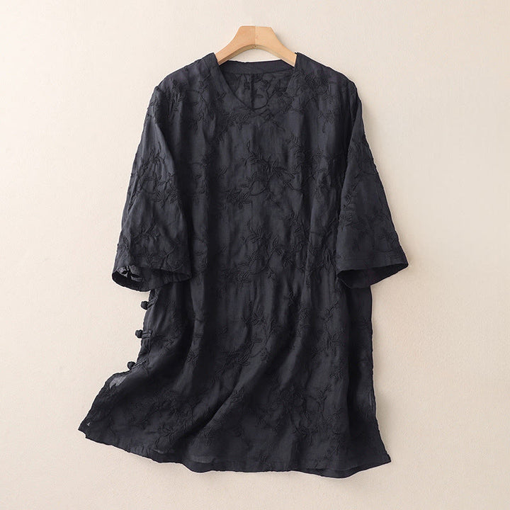 Buddha Stones Camicia da donna in cotone con motivo a foglie, manica lunga e scollo a V primaverile - Nero - US8-10, UK/AU12-14, EU40-42 (2XL) - image 8