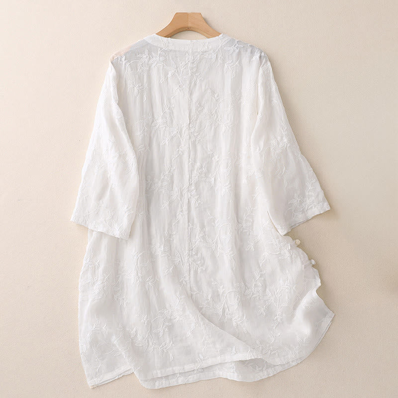 Buddha Stones Camicia da donna in cotone con motivo a foglie, manica lunga e scollo a V primaverile - image 10