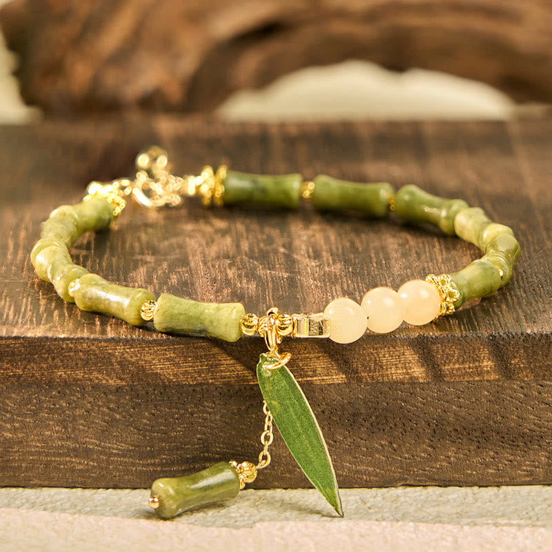 Braccialetto Buddha Stones Jade Bamboo Leaf Mughetto Modello Fortuna Abbondanza - image 1