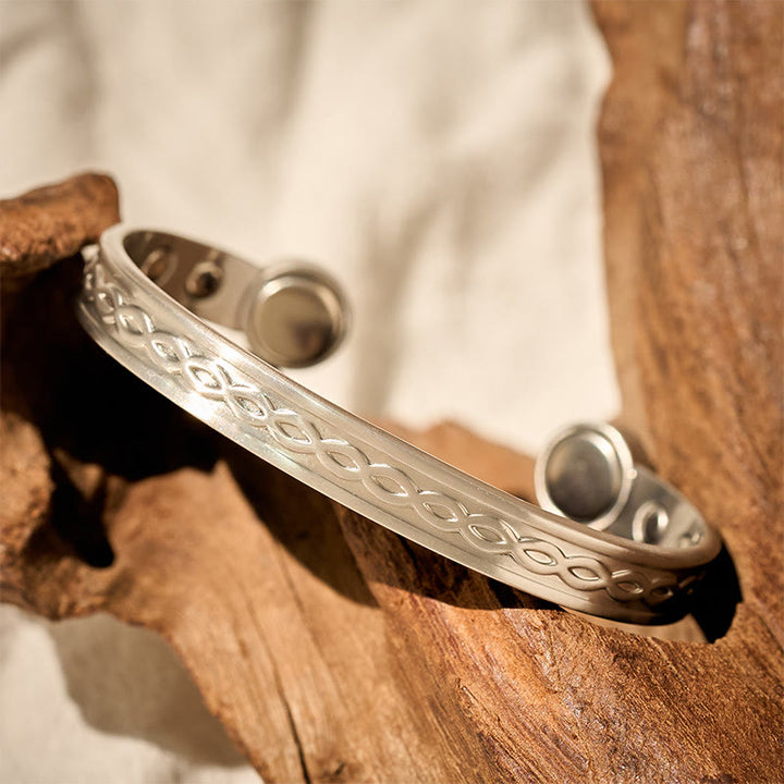 Buddha Stones Bracciale rigido aperto con motivo ad anelli intrecciati in rame, equilibrio e fortuna - image 9