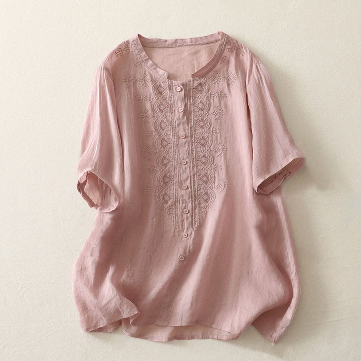 Buddha Stones Camicia da donna in poliestere con maniche corte e scollo rotondo con motivo floreale estivo - Rosa - US12, UK/AU16, EU44 (2XL) - image 5