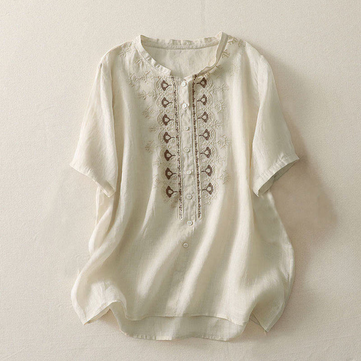 Buddha Stones Camicia da donna in poliestere con maniche corte e scollo rotondo con motivo floreale estivo - Beige - US12, UK/AU16, EU44 (2XL) - image 14