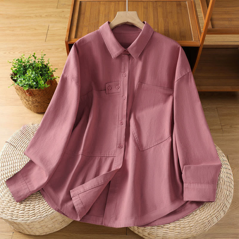 Buddha Stones Camicia da donna in cotone a maniche lunghe con risvolto semplice e tasche - Rosa intenso - US12, UK/AU16, EU44 (2XL) - image 0