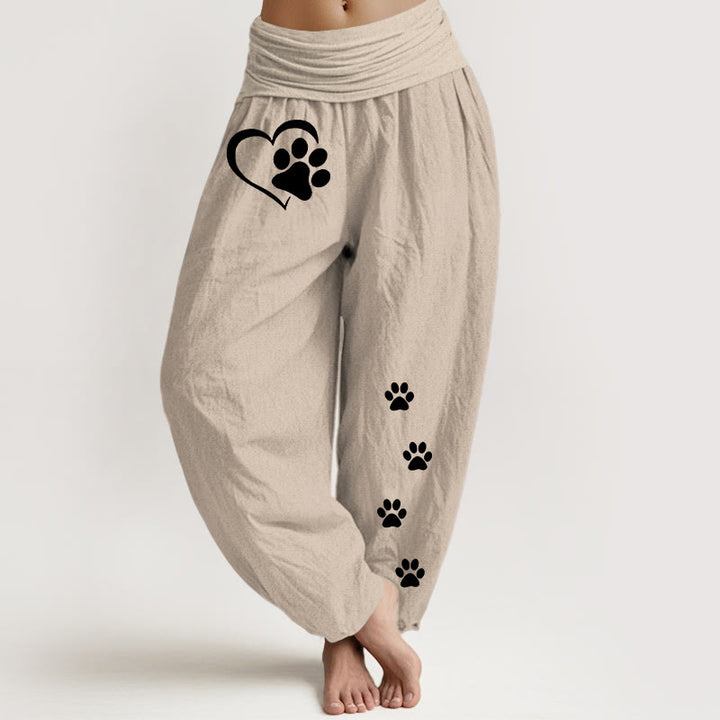 Buddha Stones Pantaloni harem da donna in puro cotone con elastico in vita e motivo a forma di cuore con stampe di zampe di gatto concise - Tan - US16, UK/AU20, EU48 (3XL) - image 0