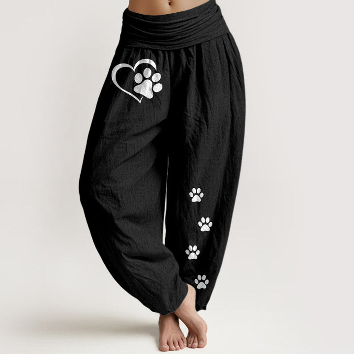 Buddha Stones Pantaloni harem da donna in puro cotone con elastico in vita e motivo a forma di cuore con stampe di zampe di gatto concise - Nero - US16, UK/AU20, EU48 (3XL) - image 5