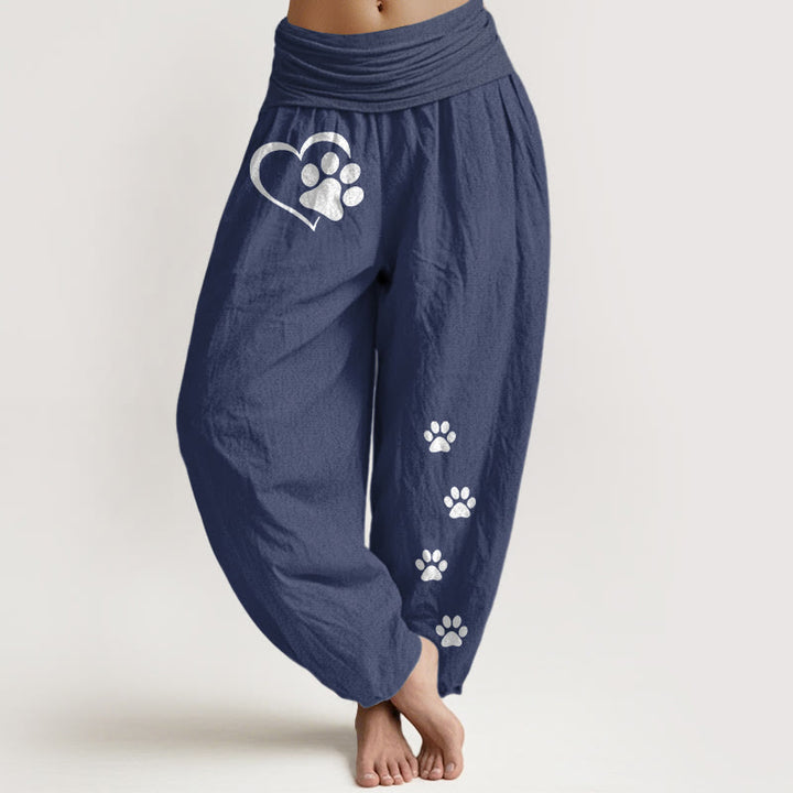 Buddha Stones Pantaloni harem da donna in puro cotone con elastico in vita e motivo a forma di cuore con stampe di zampe di gatto concise - Blu ardesia scuro - US16, UK/AU20, EU48 (3XL) - image 8