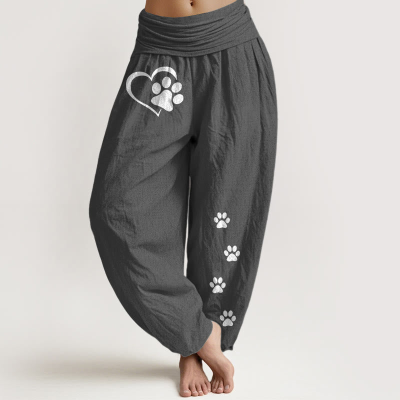 Buddha Stones Pantaloni harem da donna in puro cotone con elastico in vita e motivo a forma di cuore con stampe di zampe di gatto concise - Grigio tenue - US16, UK/AU20, EU48 (3XL) - image 11