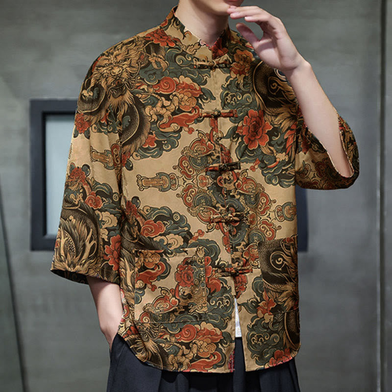 Buddha Stones Spring Frog-Button Dragon Mountain Flower Three Quarter Sleeve Tang Suit Men's Shirt With Pockets - image 12