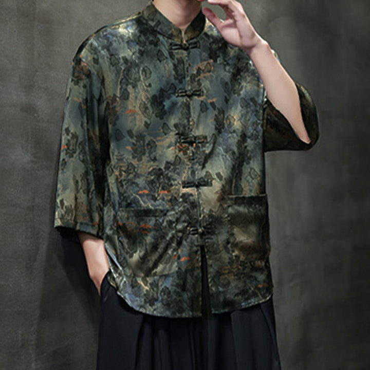 Buddha Stones Spring Frog-Button Dragon Mountain Flower Three Quarter Sleeve Tang Suit Men's Shirt With Pockets - image 55
