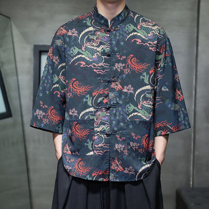 Buddha Stones Spring Frog-Button Dragon Mountain Flower Three Quarter Sleeve Tang Suit Men's Shirt With Pockets - image 26