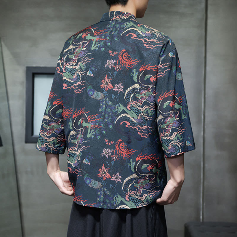 Buddha Stones Spring Frog-Button Dragon Mountain Flower Three Quarter Sleeve Tang Suit Men's Shirt With Pockets - image 23